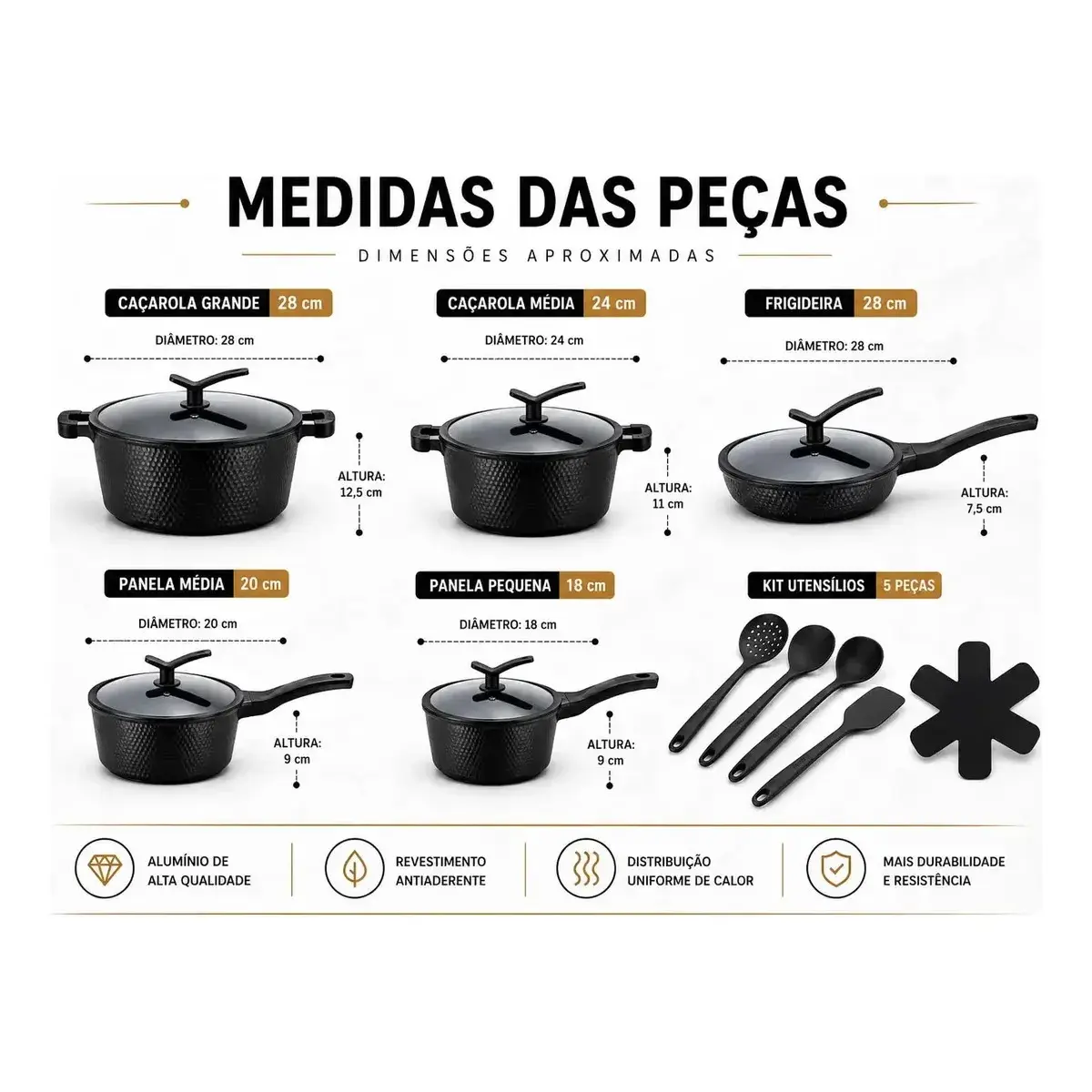 Medidas das peças: caçarola grande 28 cm, caçarola média 24 cm, frigideira 28 cm, panela média 20 cm, panela pequena 18 cm e kit de utensílios